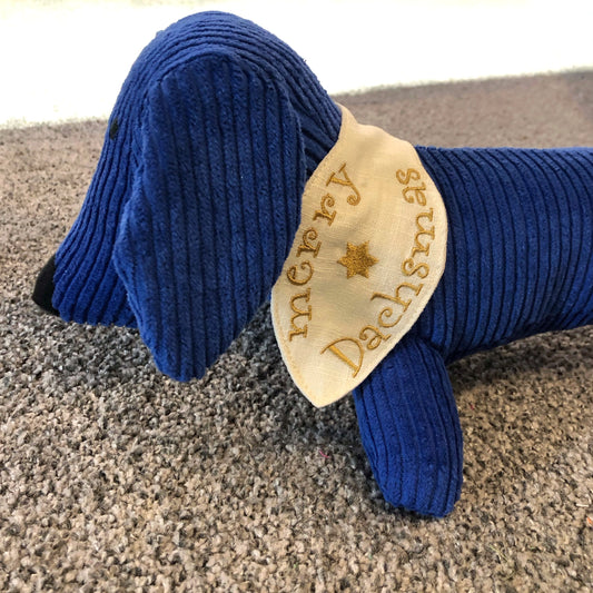 Handgefertigter Dackel Fred in Royalblau mit bestickter Schleife