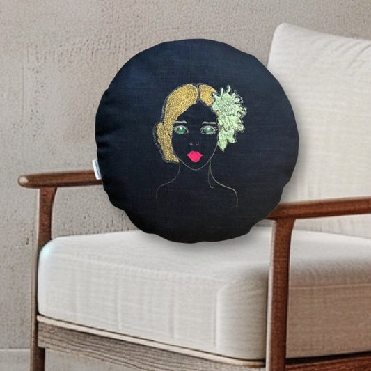 Rundes Kissen mit Ballerina Stickerei dunkel