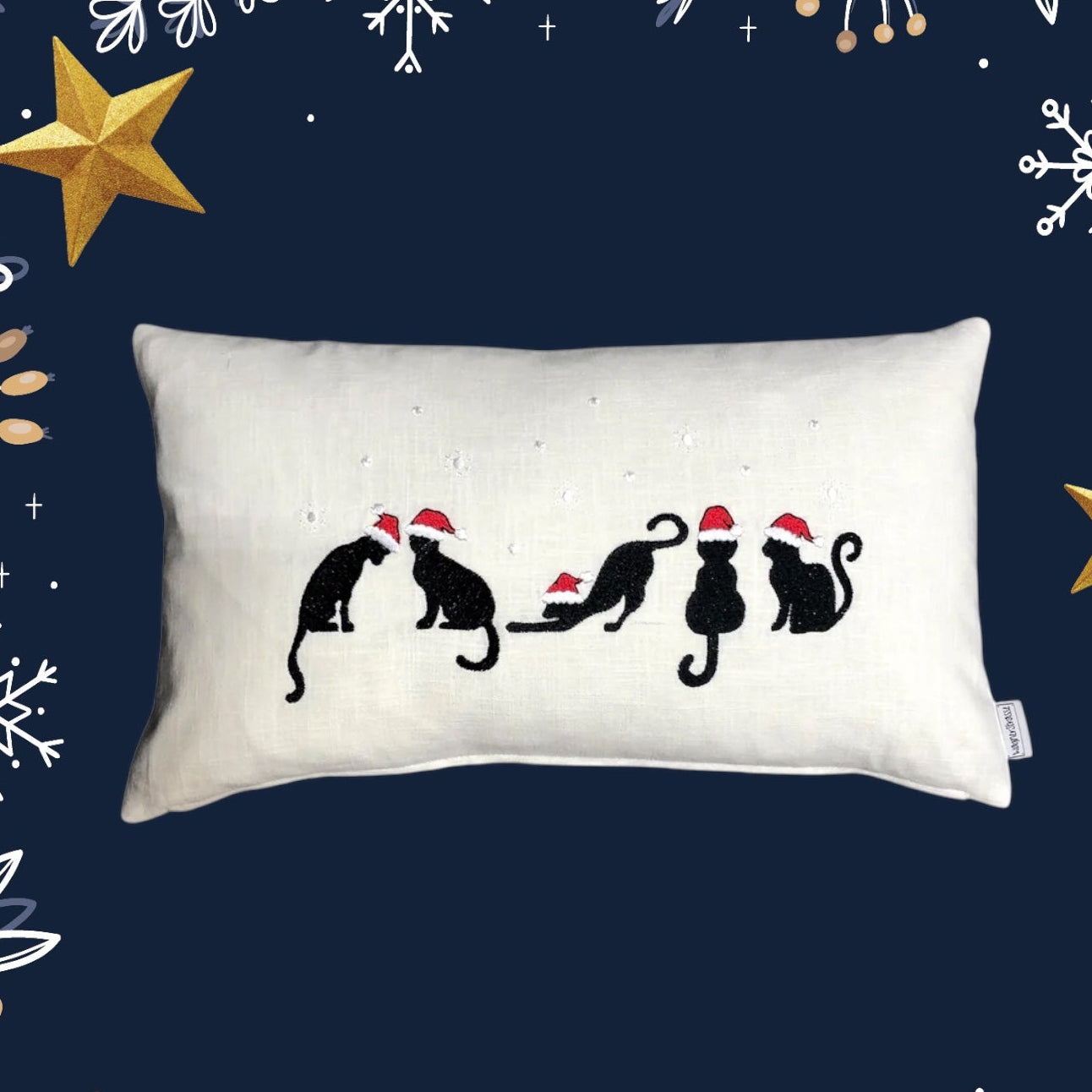 Katzen mit Zipfelmütze besticktes Kissen 30x50 cm