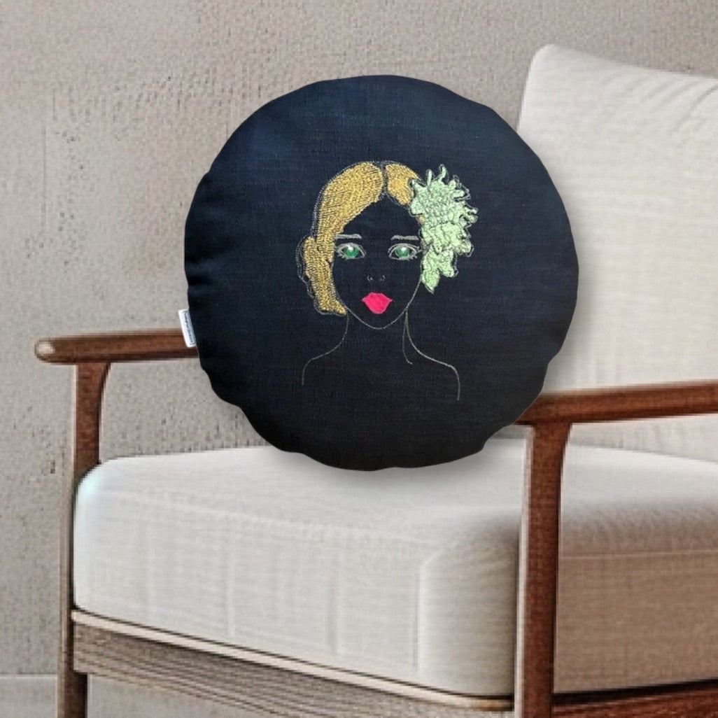 Rundes Kissen mit Ballerina Stickerei dunkel