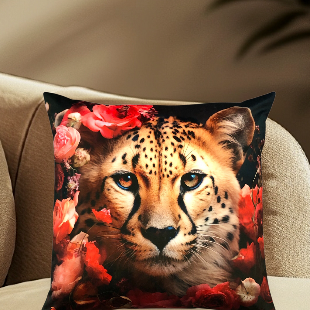 Cooles samtweiches Kissen Gepard mit Rosen