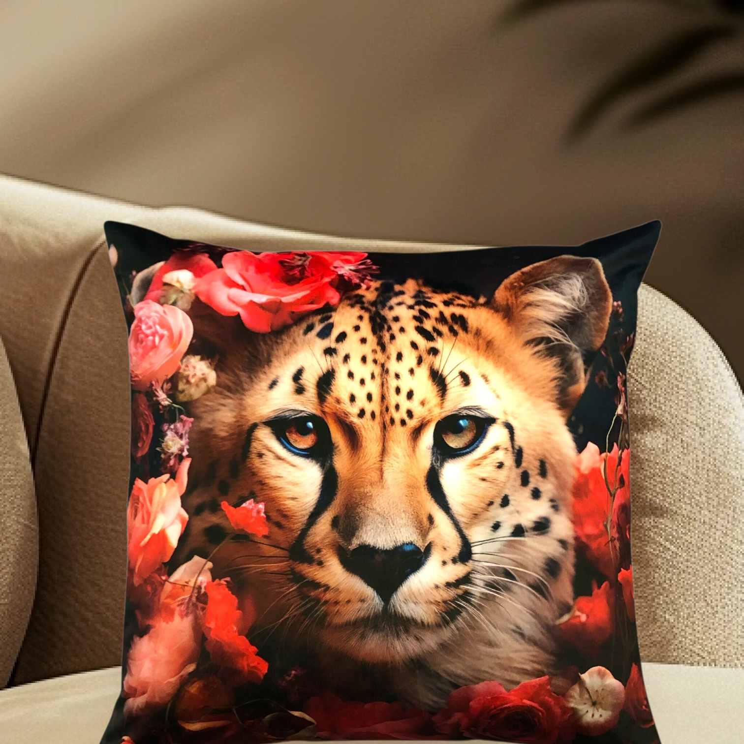 Cooles samtweiches Kissen Gepard mit Rosen