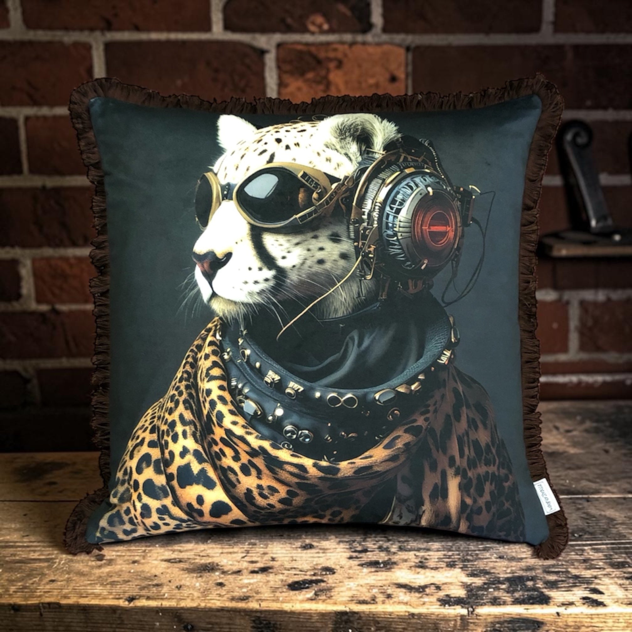 Cooles samtweiches Kissen Gepard mit Leo und Sturmbrille